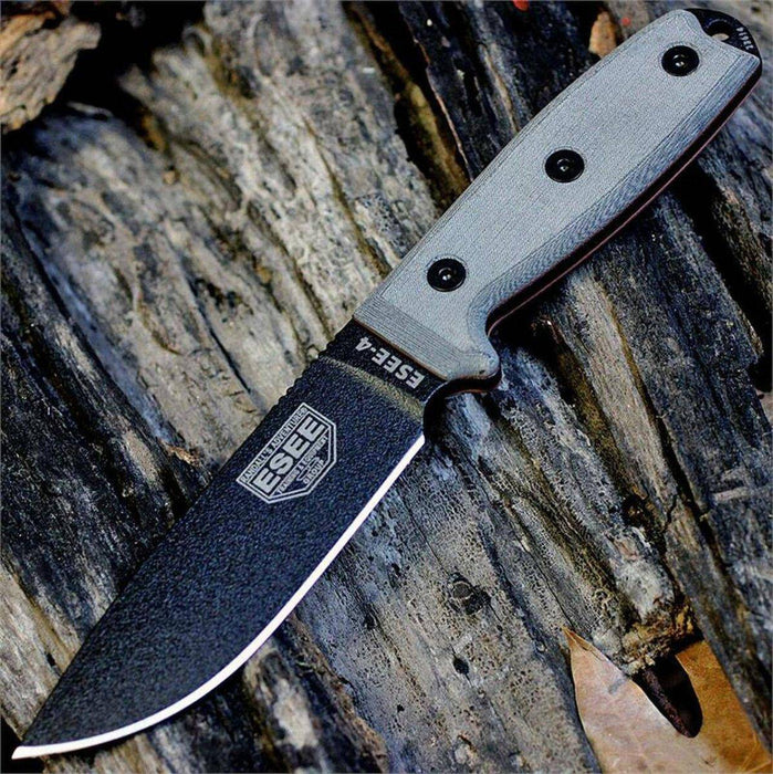 ESEE 4P-B Black Blade Plain Edge, Micarta Handle Black Sheath Clip Plate