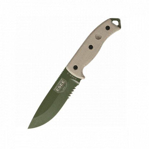 ESEE 5 Partially Serrated Edge, Tan Micarta Handles, Black Sheath ESEE-5S-E