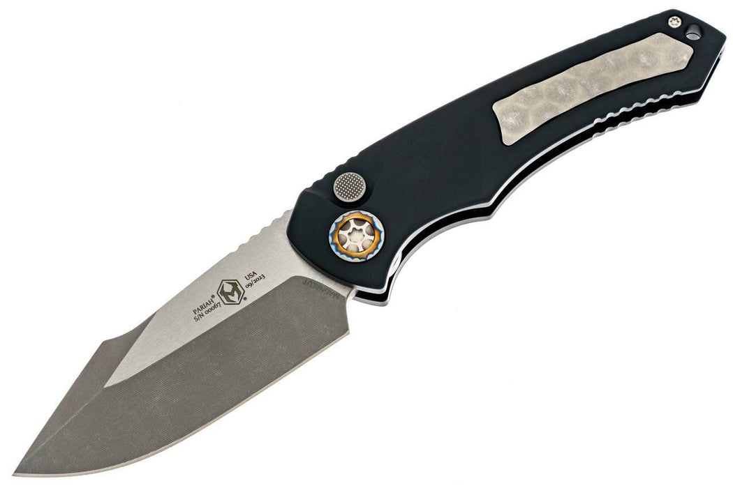 Heretic Auto Pariah H048-5A MagnaCut Black Handle Battleworn Single Edge Blade Flamed Pivot