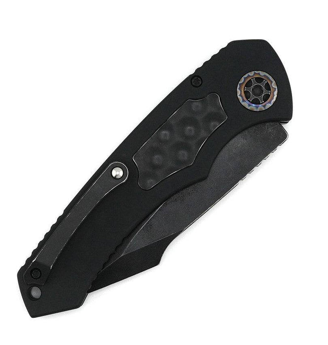 Heretic Auto Pariah H048-8A Battleworn Black SE MagnaCut Blade Bubble Inlays Flamed Pivot Collars