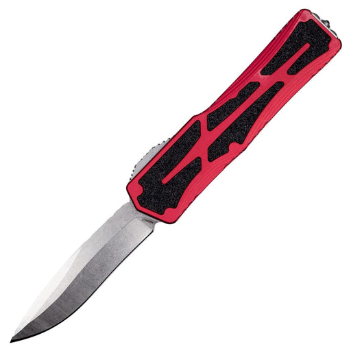 Heretic Colossus Recurve Auto Knife Red Aluminum Stonewash CPM Magnacut