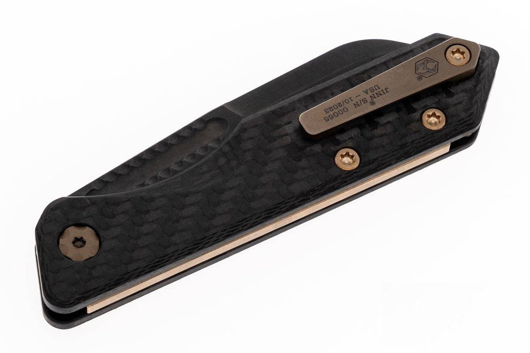 Heretic Jinn Knife DLC Wharncliffe MagnaCut Carbon Fiber Bronze Hardware & Clip