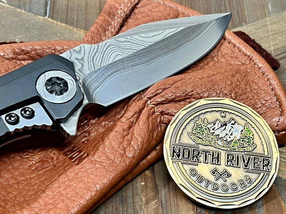 Heretic Knives Custom Wraith Manual T/E DLC Titanium Handle w/ Vegas Forge Wood Grain Damascus Inlay Hand Compound Ground Vegas Forge Wood Grain San Mai Damascus Blade