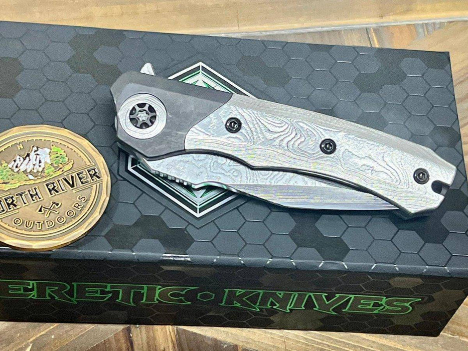 Heretic Knives Custom Wraith Manual T/E DLC Titanium Handle w/ Vegas Forge Wood Grain Damascus Inlay Hand Compound Ground Vegas Forge Wood Grain San Mai Damascus Blade