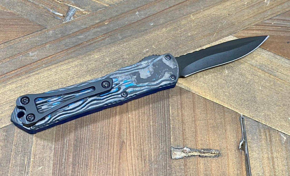 Heretic Knives Manticore S OTF Auto 2.55" MagnaCut Black DLC Recurve Blade, Blue Aluminum Handle with Blue CamoCarbon