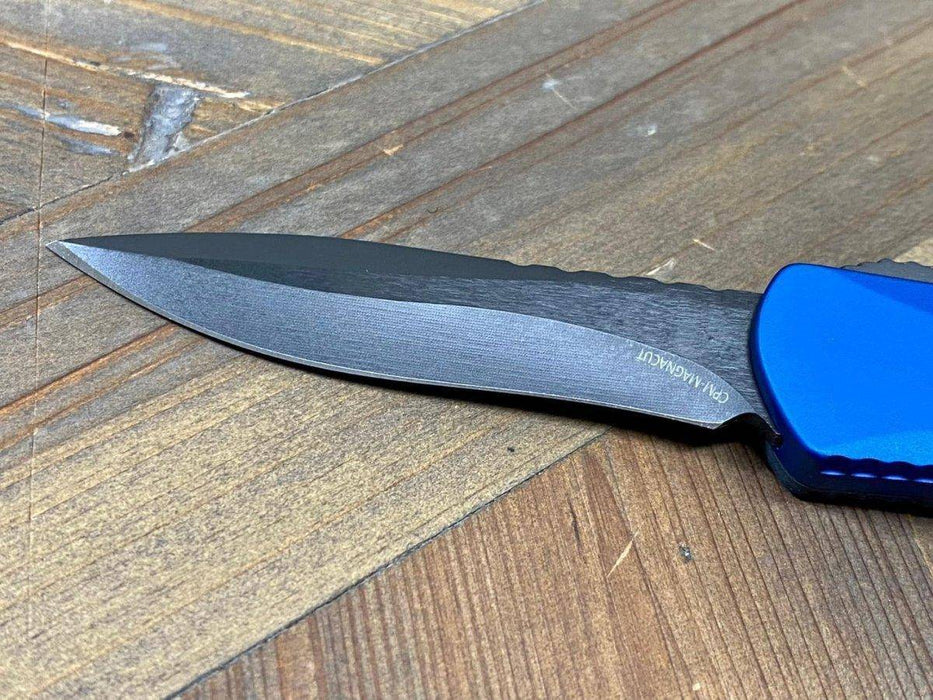 Heretic Knives Manticore S OTF Auto 2.55" MagnaCut Black DLC Recurve Blade, Blue Aluminum Handle with Blue CamoCarbon