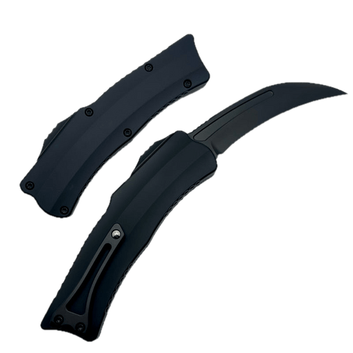 Heretic Knives Roc OTF Auto Knife 3.2" MagnaCut DLC Hawkbill Black Handles