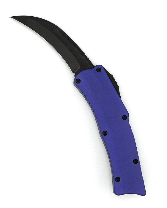 Heretic Knives Roc OTF Auto Knife 3.2" MagnaCut DLC Standard Hawkbill Purple Handles