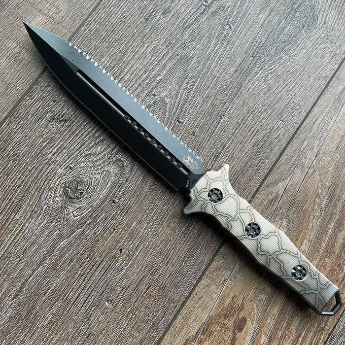 Heretic Nephilim Fixed Blade D/E Dagger Flamed Titanium Handle DLC Black Full Serrated Blade H003-6C-FTi