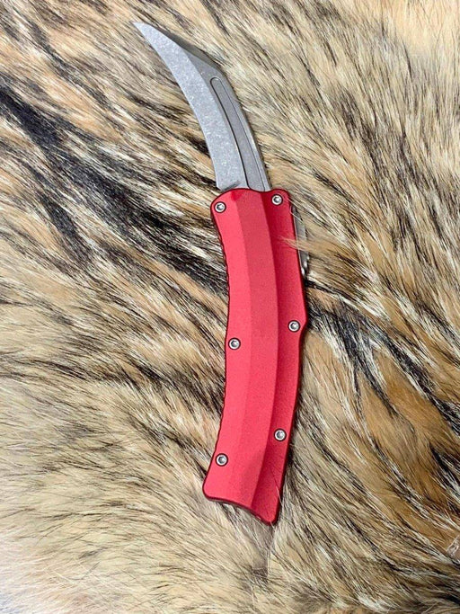 Heretic Roc Hawkbill Auto Knife 3.2" MagnaCut Stonewash Red Handles