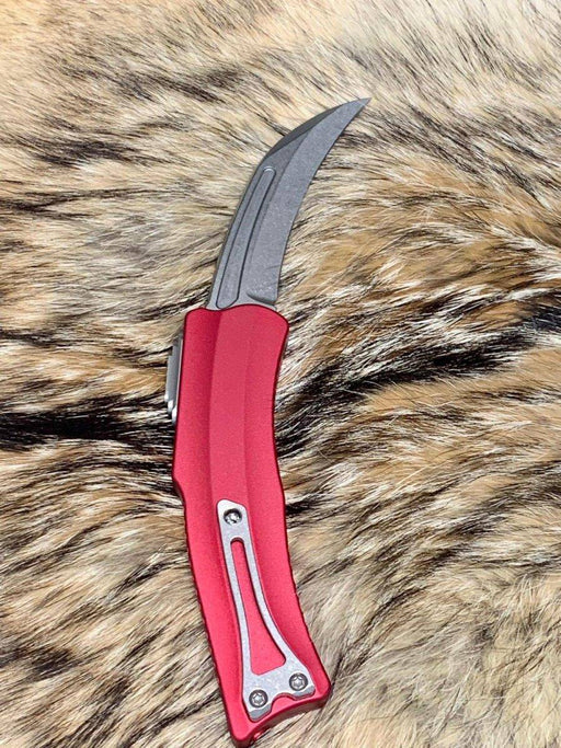 Heretic Roc Hawkbill Auto Knife 3.2" MagnaCut Stonewash Red Handles