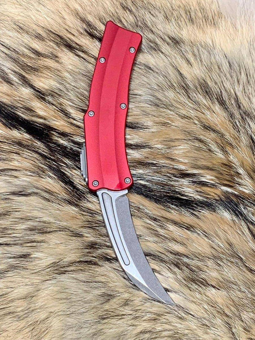 Heretic Roc Hawkbill Auto Knife 3.2" MagnaCut Stonewash Red Handles