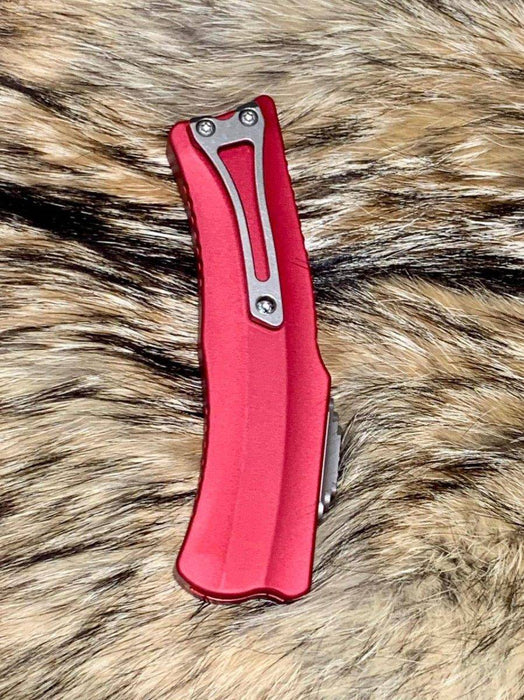 Heretic Roc Hawkbill Auto Knife 3.2" MagnaCut Stonewash Red Handles