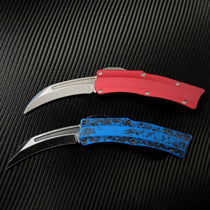 Heretic Roc Hawkbill Auto Knife 3.2" MagnaCut Stonewash Red Handles