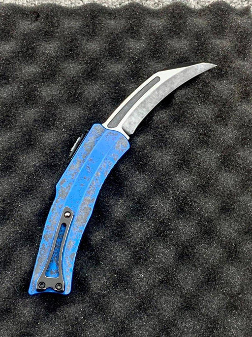 Heretic Roc Hawkbill Auto Knife 3.2" MagnaCut Two Tone Breakthrough Blue Handle