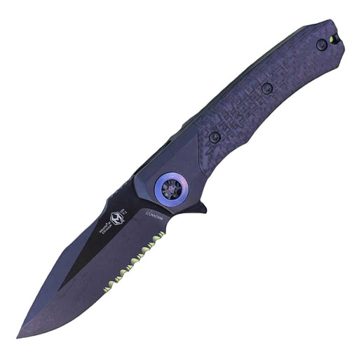 Heretic Wraith Manual Flipper Knife 3.625" CPM-MagnaCut Black DLC Battle Worn Clip Point Combo Integral Battle Worn DLC Titanium Handle Carbon Fiber Serrated