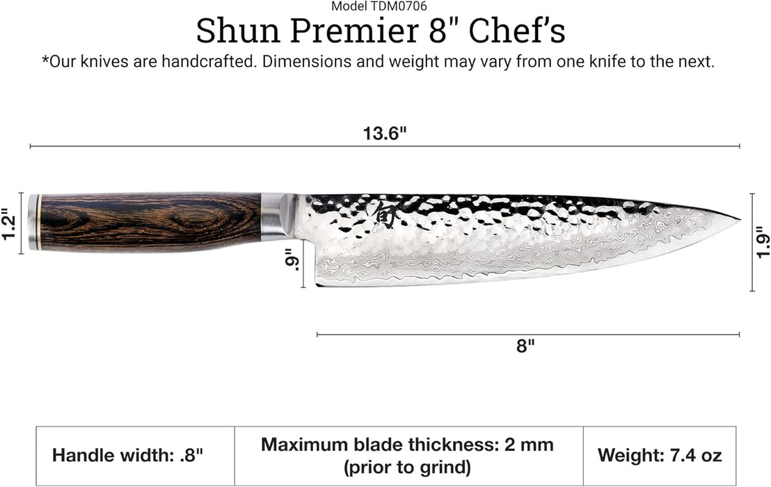 Shun Premier 8" Chef's Knife Handcrafted Japanese Kitchen Knife VG-MAX Core with Damascus