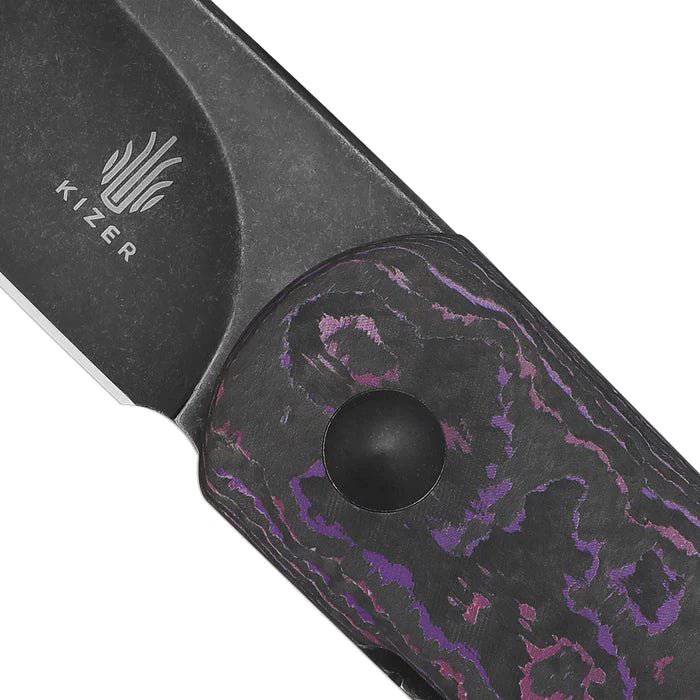 Kizer Feist(XL) Front Flipper Knife 3.35" CPM-20CV Black Stonewashed Purple Haze FatCarbon Handles