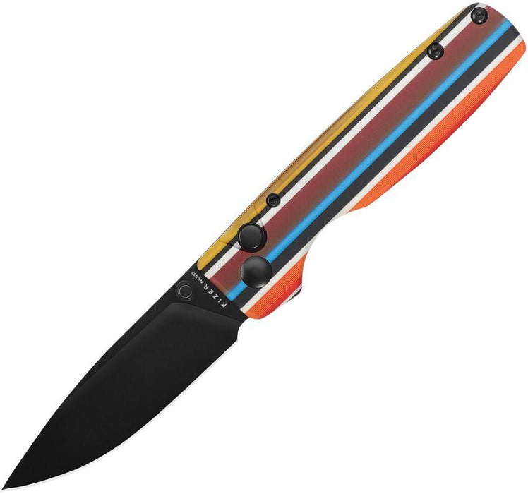 Kizer Vanguard Original Button Lock Folding Knife 2.98" 154CM Black Drop Point Blade, Serape Series G10