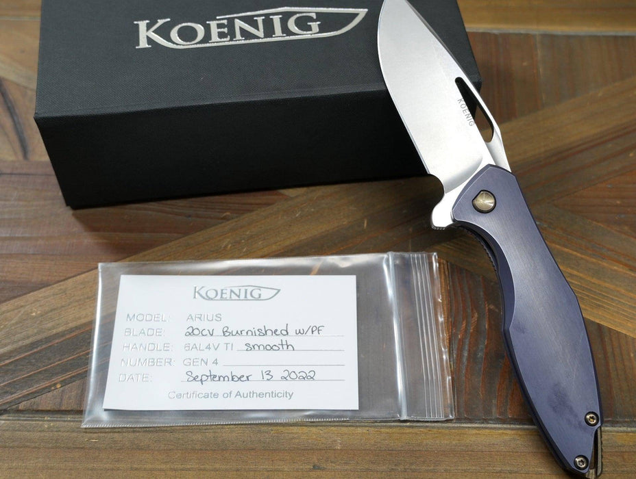 Koenig Arius Titanium 20CV Burnished Polished Flats Blade Blue Anodized Bronze Hardware (USA)