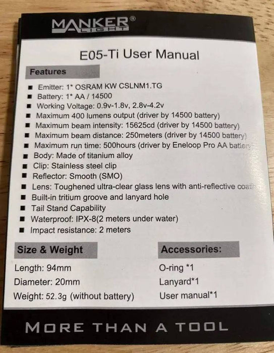 Manker E05 Ti 400 Lumens Titanium AA Flashlight With OSRAM LED