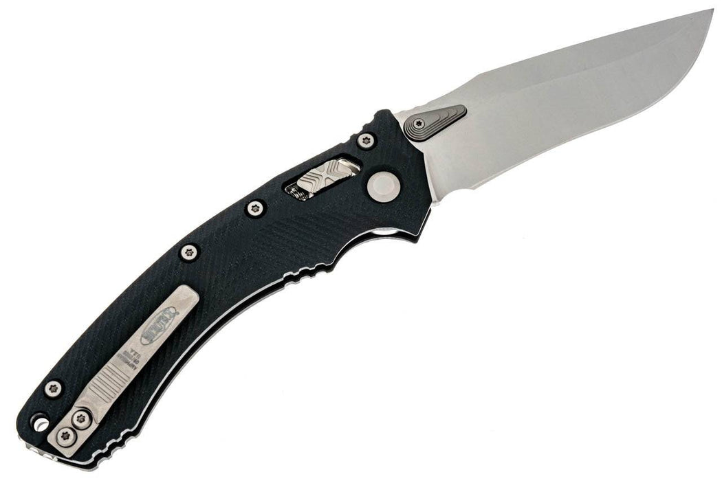 Microtech Amphibian RAM-LOK Manual Folding Knife 3.875" M390MK Stonewashed Clip Point Blade Black Fluted G10 Handles Crossbar Lock