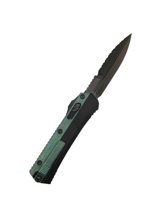 Microtech 184-2DLCAG Signature Series Glykon Auto OTF Knife 3.75" Black DLC Serrated Double Edge Bayonet Blade Green Titanium Overlays DLC Hardware