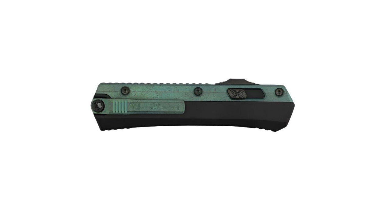 Microtech 184-2DLCAG Signature Series Glykon Auto OTF Knife 3.75" Black DLC Serrated Double Edge Bayonet Blade Green Titanium Overlays DLC Hardware