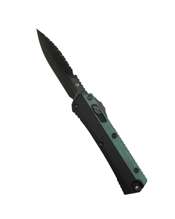 Microtech 184-2DLCAG Signature Series Glykon Auto OTF Knife 3.75" Black DLC Serrated Double Edge Bayonet Blade Green Titanium Overlays DLC Hardware