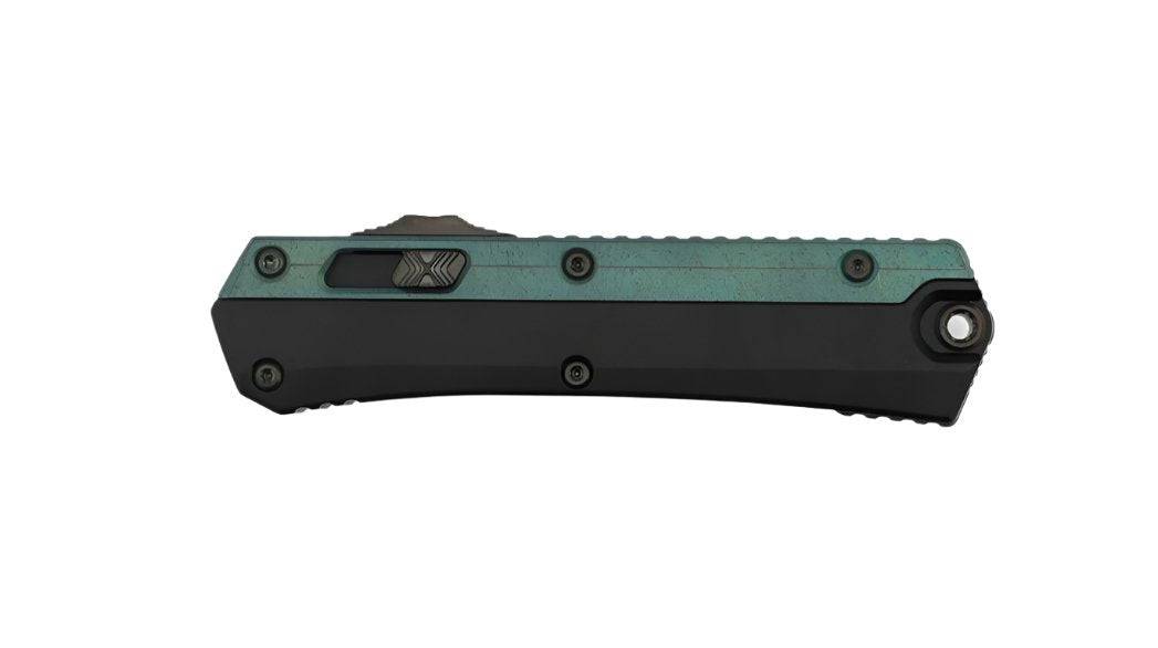 Microtech 184-2DLCAG Signature Series Glykon Auto OTF Knife 3.75" Black DLC Serrated Double Edge Bayonet Blade Green Titanium Overlays DLC Hardware