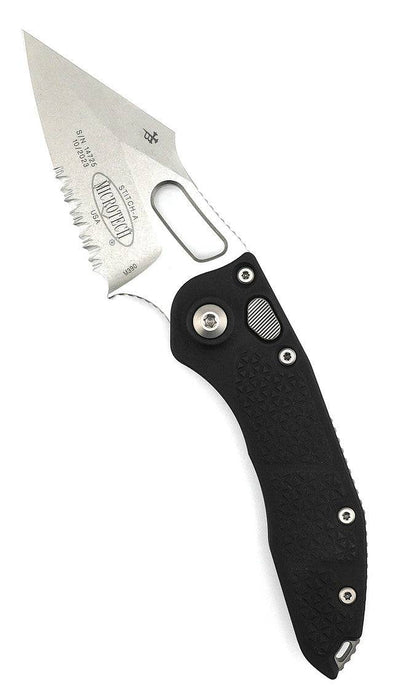 Microtech/Borka Blades 169-11 Auto Stitch 3.625" Stonewashed Spear Point Combo Blade Black Handles