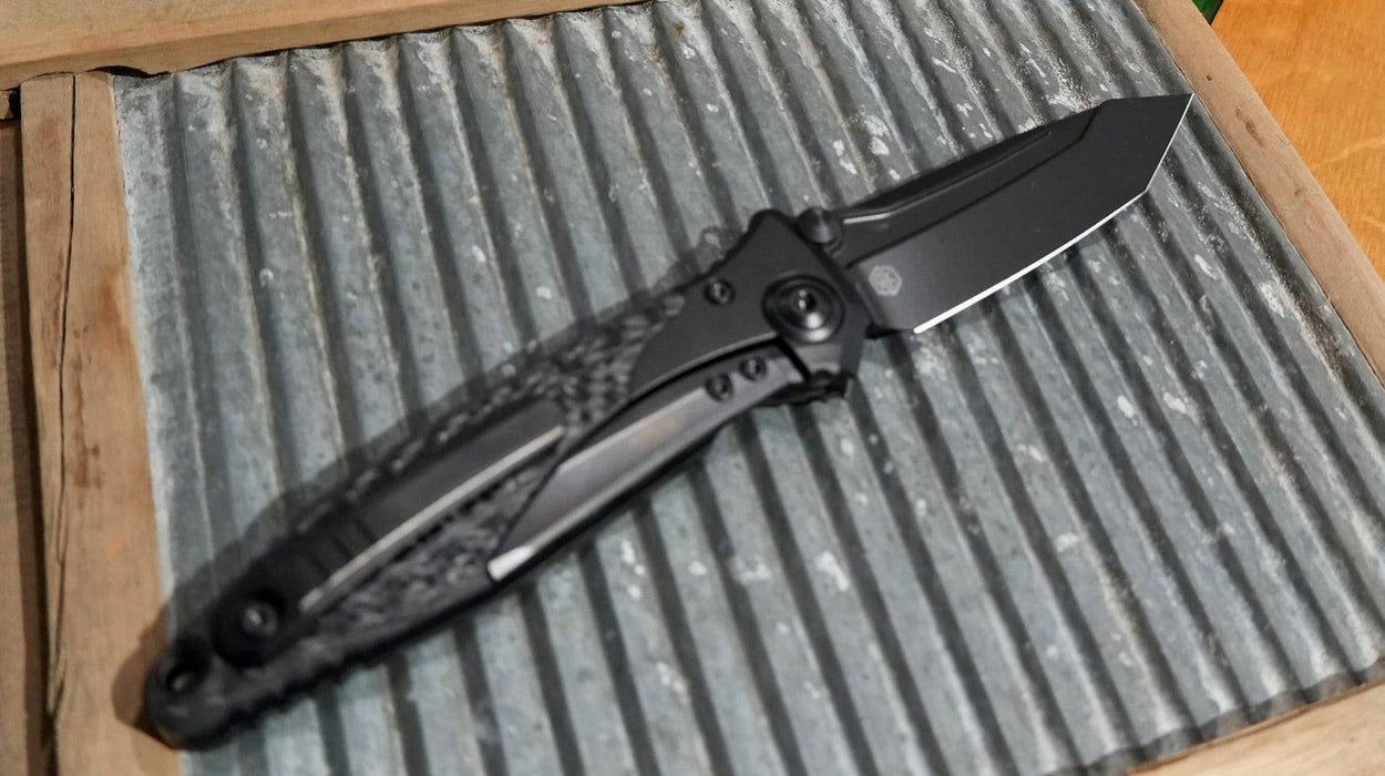 Microtech Signature Socom Bravo Manual Folding Knife 4" M390 Black DLC Tanto Titanium Handles Carbon Fiber Scales 261-1DLCTCFTIS