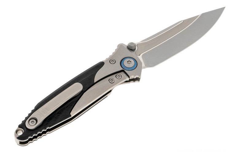 Microtech Socom Bravo Mini Manual Folding Knife 3.5" M390 Blasted Clip Point Plain Blade Titanium Handles Carbon Fiber Scales