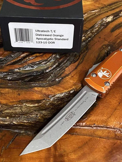 Microtech Ultratech T/E OTF 3.46" Apocalyptic Blade, Orange Distressed 123-10DOR