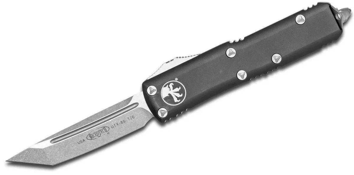 Microtech UTX-85 233-10 Auto  OTF 3" Stonewashed Tanto Plain Blade, Black Handles