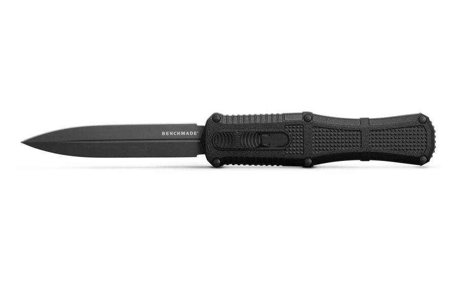 Benchmade 3370GY Claymore OTF Auto Knife 3.89" CPM-D2 Smoke Gray PVD Double Edge Dagger Blade Black Grivory Handles