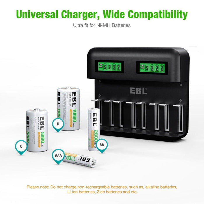 EBL 8 Bay LCD Universal Battery Charger for AA AAA C D Ni-MH Batteries