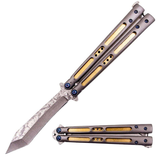 Real Damascus Butterfly Knife with Brass Lining (Balisong)