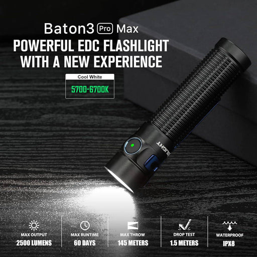 Olight Baton 3 Pro Max 2500 Lumens Rechargeable Compact Flashlight (Cool White)