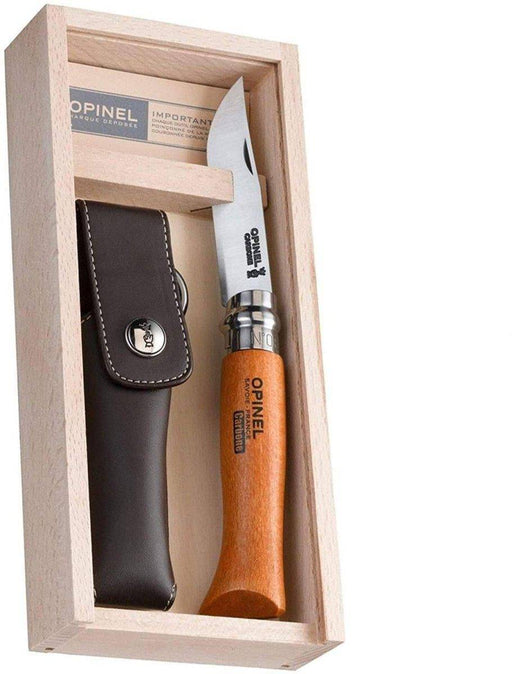 Opinel No.8 Carbon Knife with Sheath, Wooden Slide Gift Box (France)