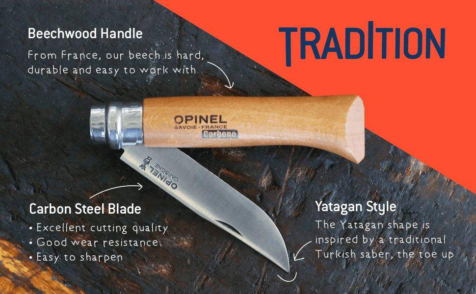 Opinel No.8 Carbon Knife with Sheath, Wooden Slide Gift Box (France)