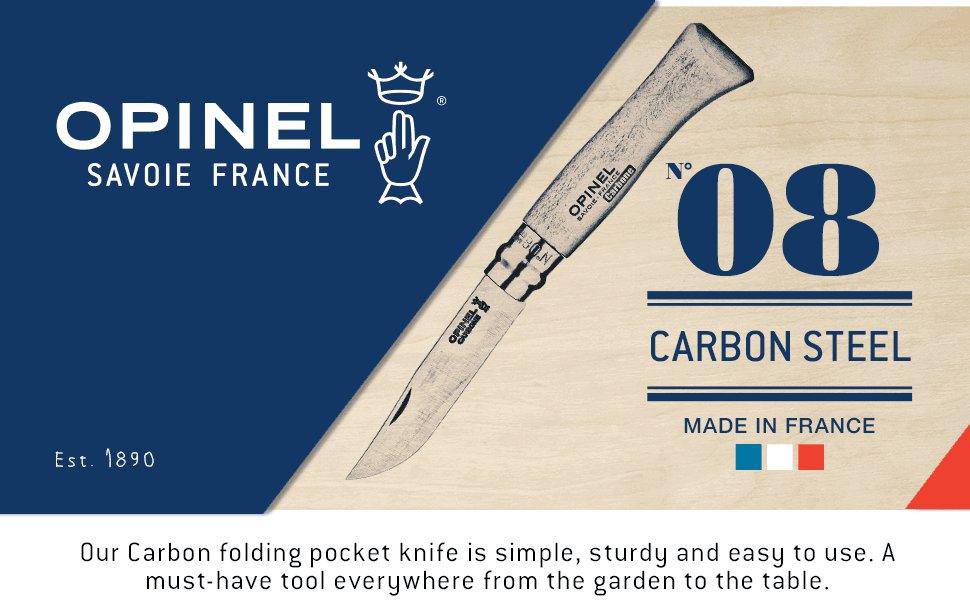 Opinel No.8 Carbon Knife with Sheath, Wooden Slide Gift Box (France)