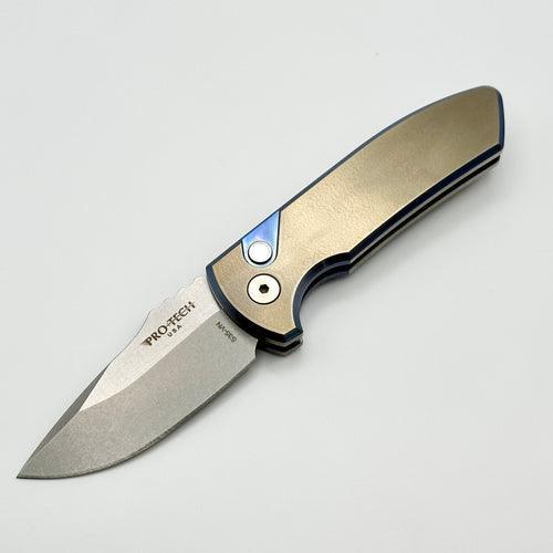 Pro-Tech SBR Short Bladed Rockeye Two Tone Bronze/Blue Chamfers Titanium Orange Peel Handle w/ Pearl Button & Stonewash S35 Blade 2023 SBR Custom 002