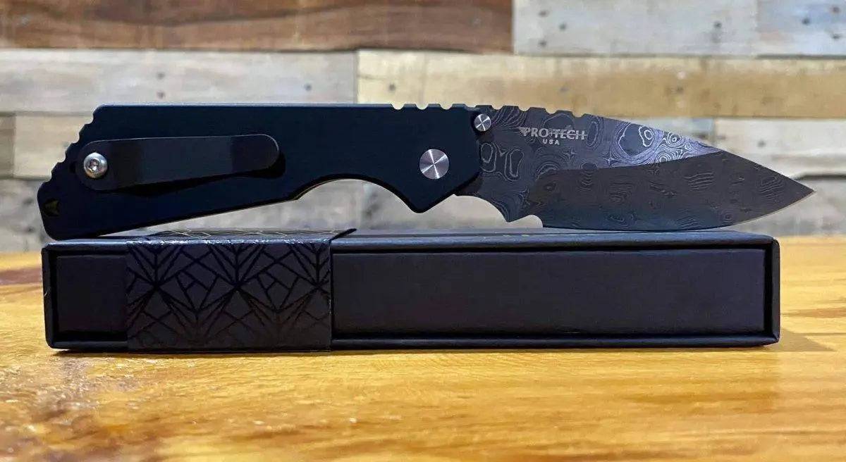 Pro-Tech Strider SnG Custom Auto Camo G-10 Damascus Blade Pearl Button 2436-DAMASCUS