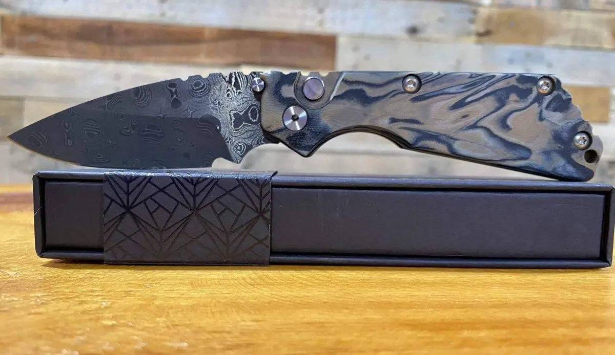 Pro-Tech Strider SnG Custom Auto Camo G-10 Damascus Blade Pearl Button 2436-DAMASCUS