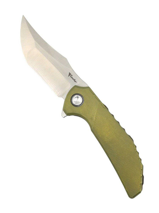 Custom Reate Knives Tiger Liner Lock Flipper 3.75" M390 Satin Compound Recurve Tanto Blade, Bead Blasted Stripe Pattern Milled Titanium Handles OD Green Anodization