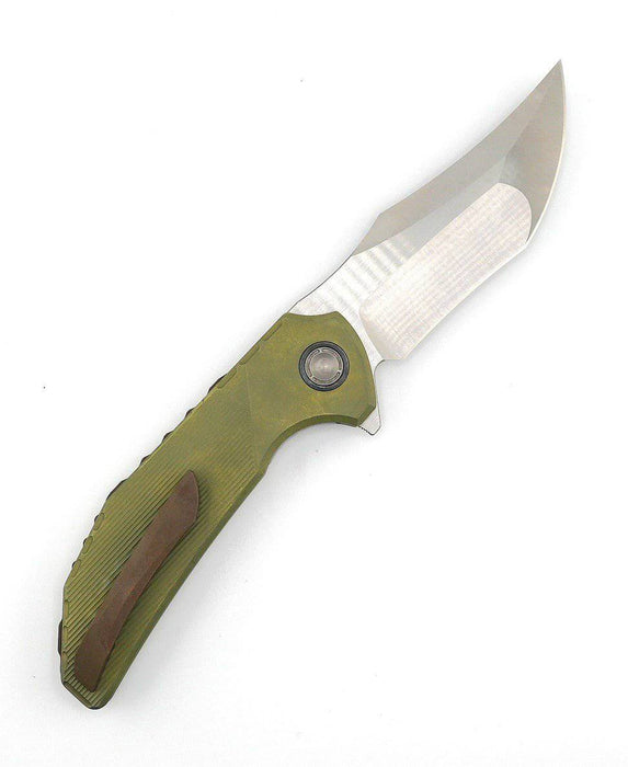 Custom Reate Knives Tiger Liner Lock Flipper 3.75" M390 Satin Compound Recurve Tanto Blade, Bead Blasted Stripe Pattern Milled Titanium Handles OD Green Anodization