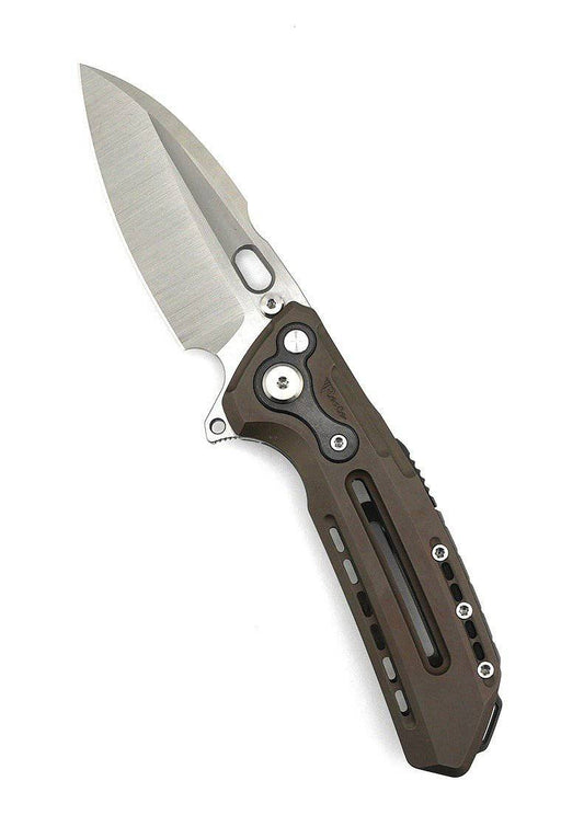 Custom Reate T6000 Frame Lock Flipper Knife 3.1" M390 Belt Satin Drop Point Bead Blasted Titanium Handles Zirconium Drab Brown Anodized