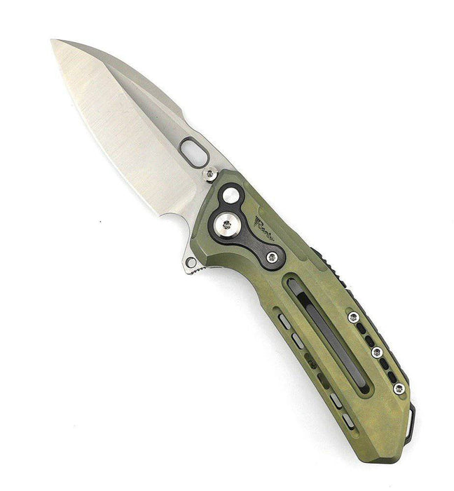 Custom Reate T6000 Frame Lock Flipper Knife 3.1" M390 Belt Satin Drop Point Bead Blasted Titanium Handles Zirconium OD Green Anodized