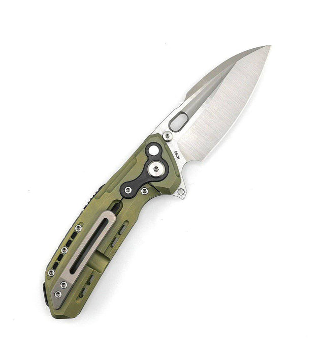 Custom Reate T6000 Frame Lock Flipper Knife 3.1" M390 Belt Satin Drop Point Bead Blasted Titanium Handles Zirconium OD Green Anodized